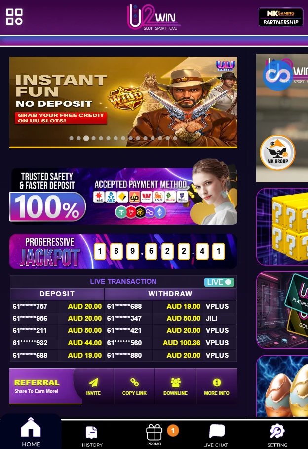 U2Win casino on a mobile phone